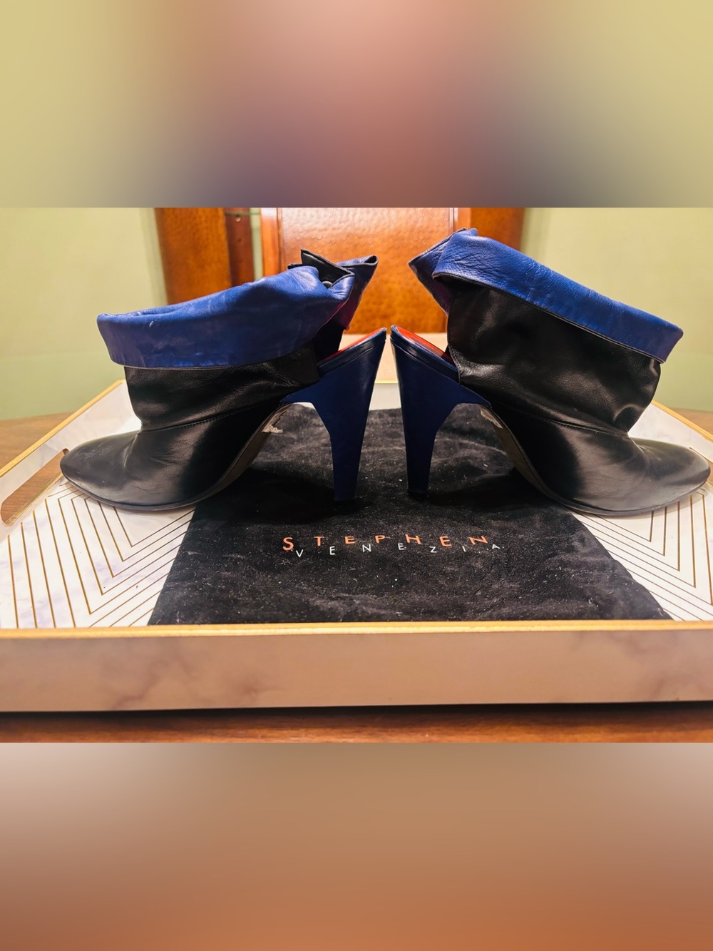Stuart Weitzman Black Leather Ankle Boots with Blue Fold-Over Cuff and Heels